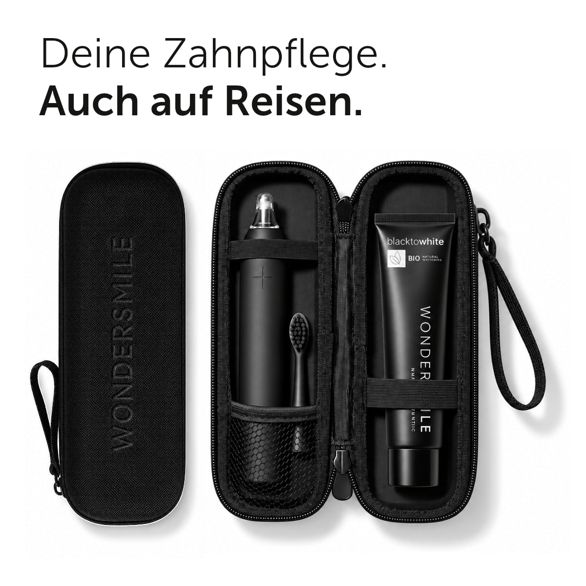 Deine Zahnpflege. Auch auf Reisen. Schwarzes Reise-Etui geschlossen und geöffnet mit Wondersmile PRO, Bürstenkopf und Zahnpasta.