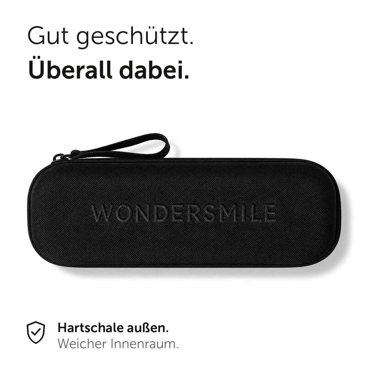 Gut geschützt. Überall dabei. Schwarzes Wondersmile PRO Reiseetui in Seitenansicht mit Schutz-Icon, Hartschale außen und weichem Innenraum.