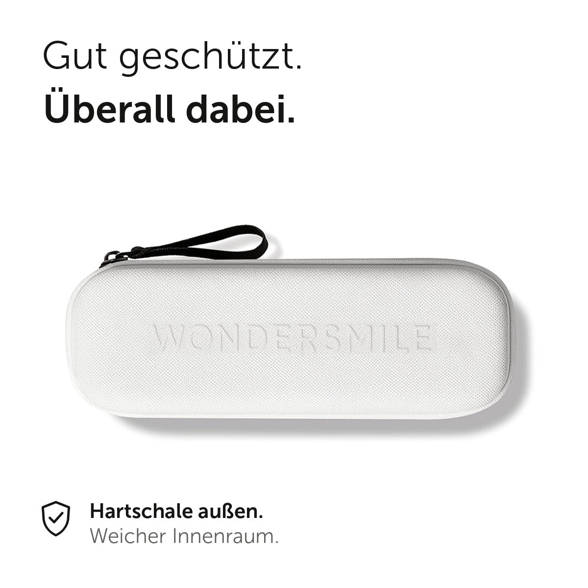 Gut geschützt. Überall dabei. Weißes Reise-Etui für die Wondersmile PRO, Hartschale außen und weicher Innenraum.
