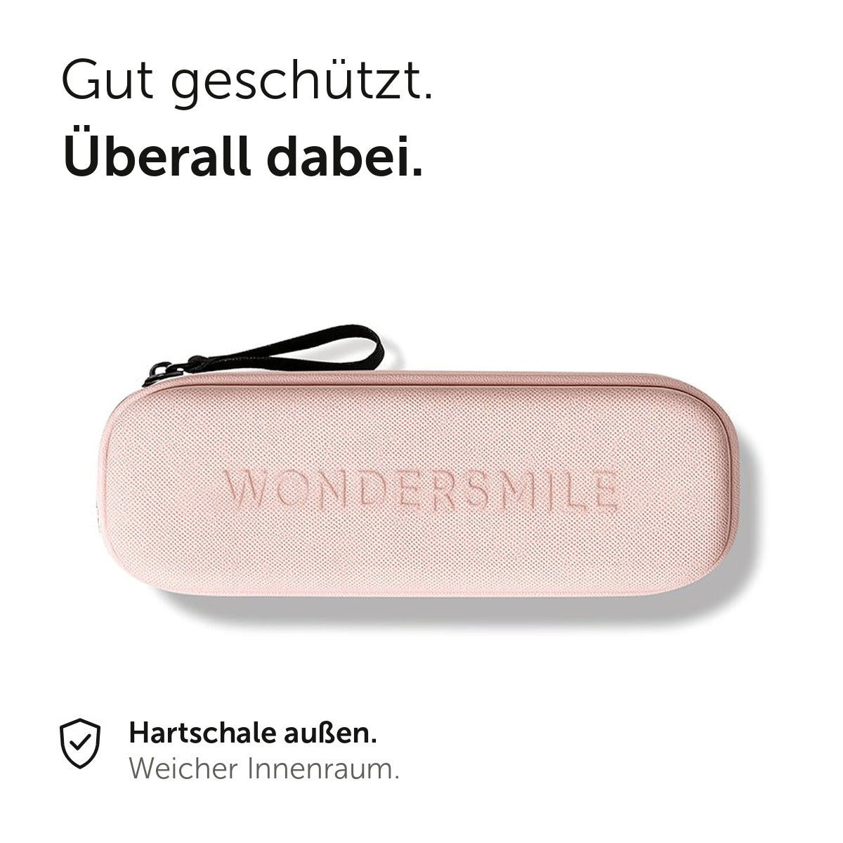 Gut geschützt. Überall dabei. Rosé Reise-Etui für die Wondersmile PRO, Hartschale außen und weicher Innenraum.