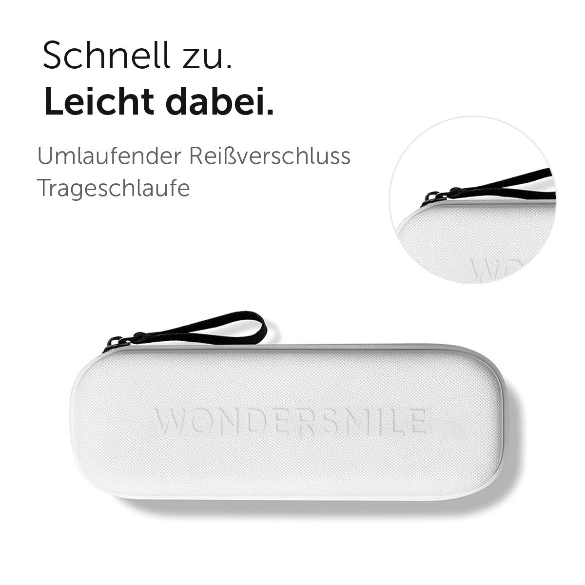 Schnell zu. Leicht dabei. Weißes Reise-Etui mit umlaufendem Reißverschluss und Trageschlaufe.