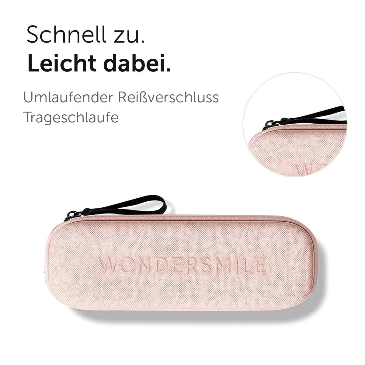 Schnell zu. Leicht dabei. Rosé Reise-Etui mit umlaufendem Reißverschluss und Trageschlaufe.