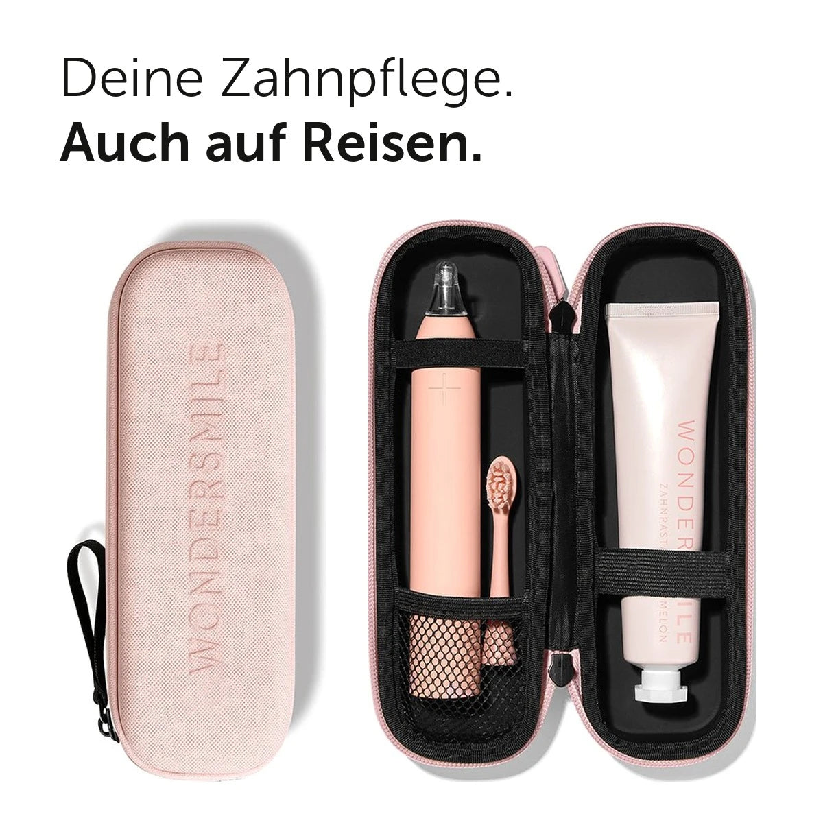 Deine Zahnpflege. Auch auf Reisen. Rosé Reise-Etui geschlossen und geöffnet mit Wondersmile PRO, Bürstenkopf und Zahnpasta.