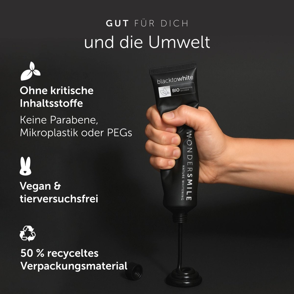 Aktivkohle-Zahnpasta ohne Parabene, Mikroplastik und PEGs, vegan und tierversuchsfrei