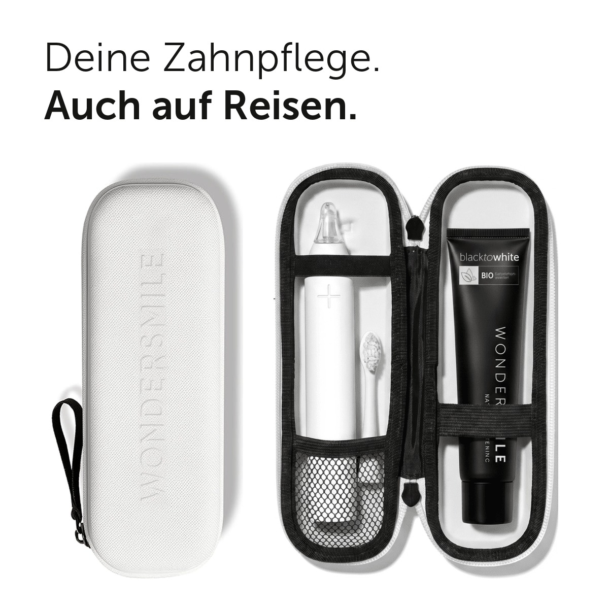Deine Zahnpflege. Auch auf Reisen. Weißes Reise-Etui geschlossen und geöffnet mit Wondersmile PRO, Bürstenkopf und Zahnpasta.