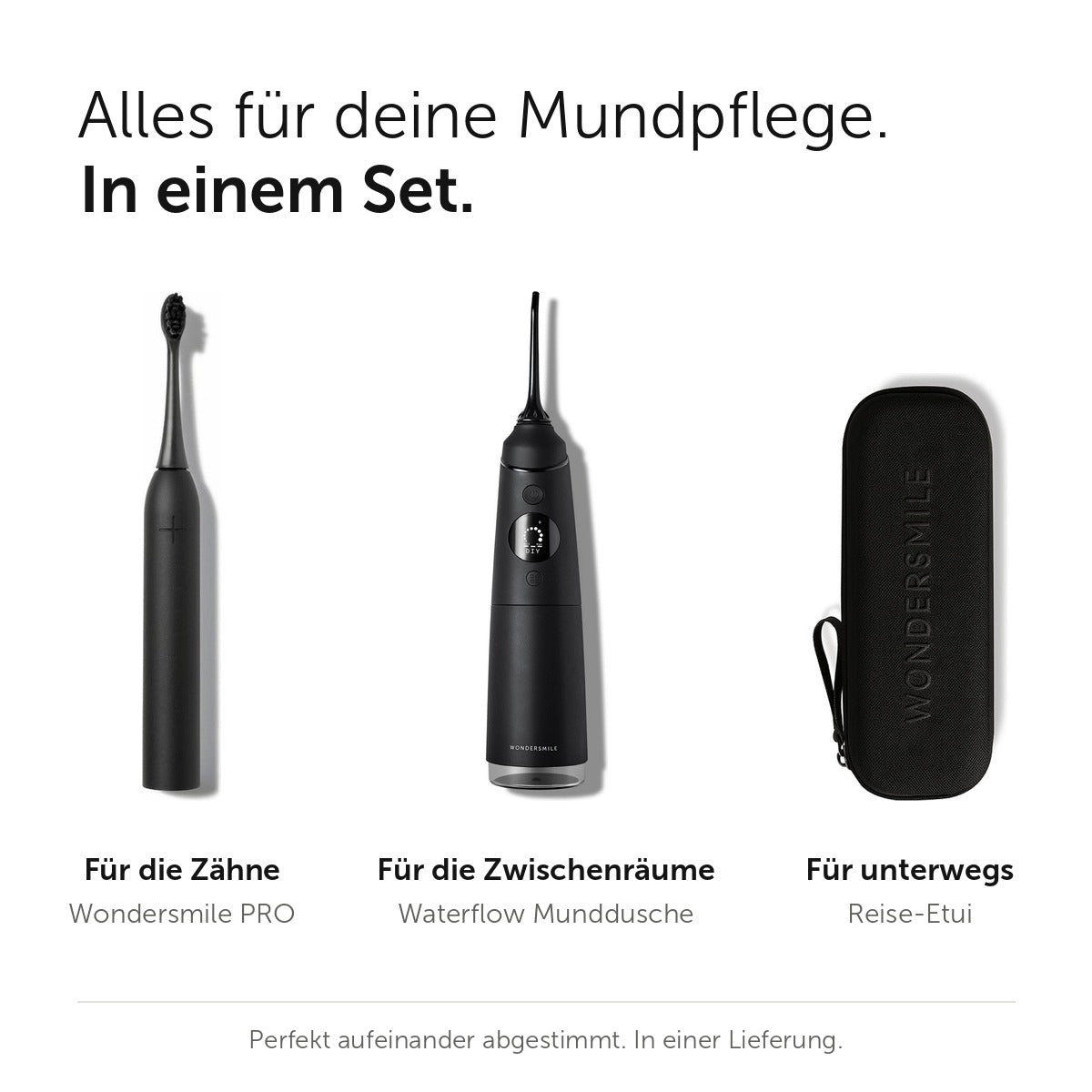 Ultimate Oral Care Bundle: Wondersmile PRO für die Zähne, Waterflow Munddusche für die Zwischenräume, Reise-Etui für unterwegs