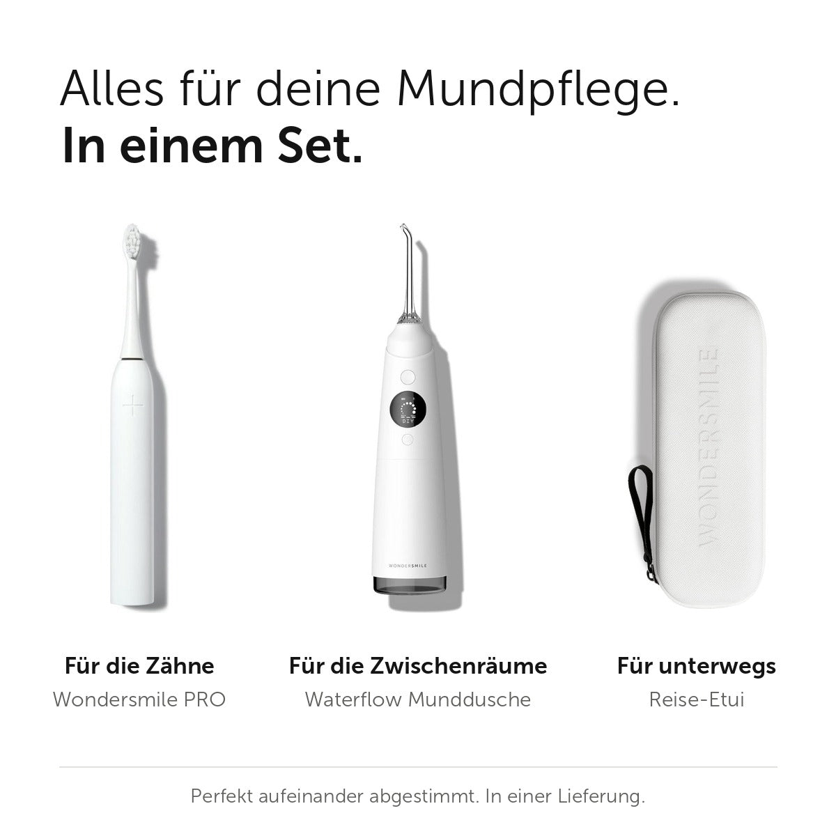 Ultimate Oral Care Bundle in All White: Wondersmile PRO, Waterflow Munddusche und Reise-Etui