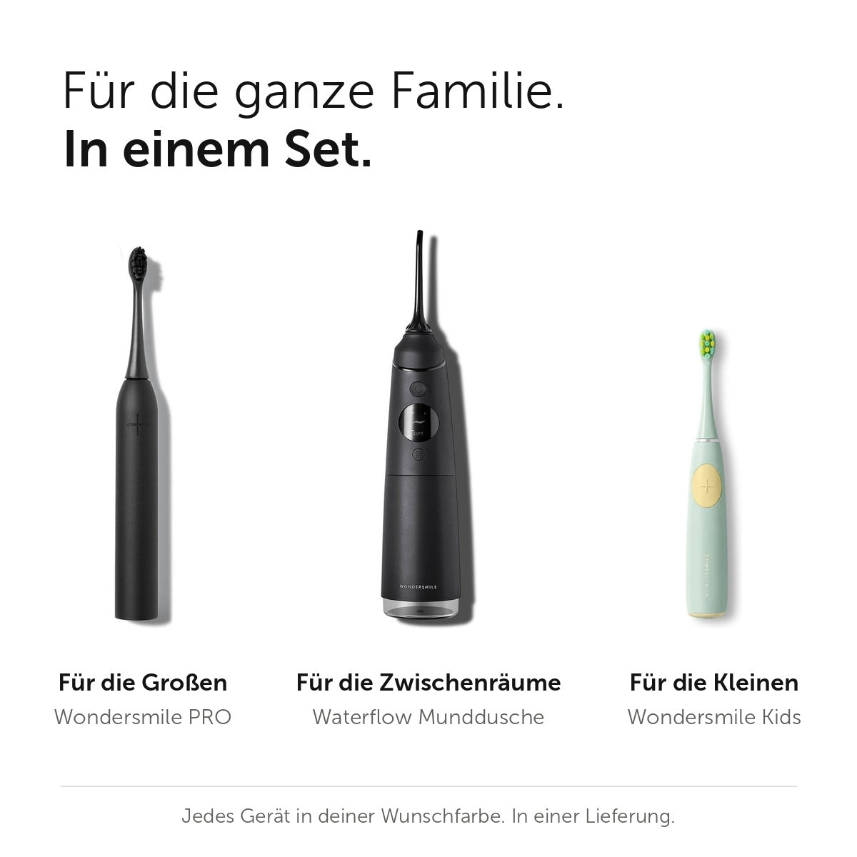 Familien-Bundle: Wondersmile PRO, Waterflow Munddusche und Wondersmile Kids in einem Set