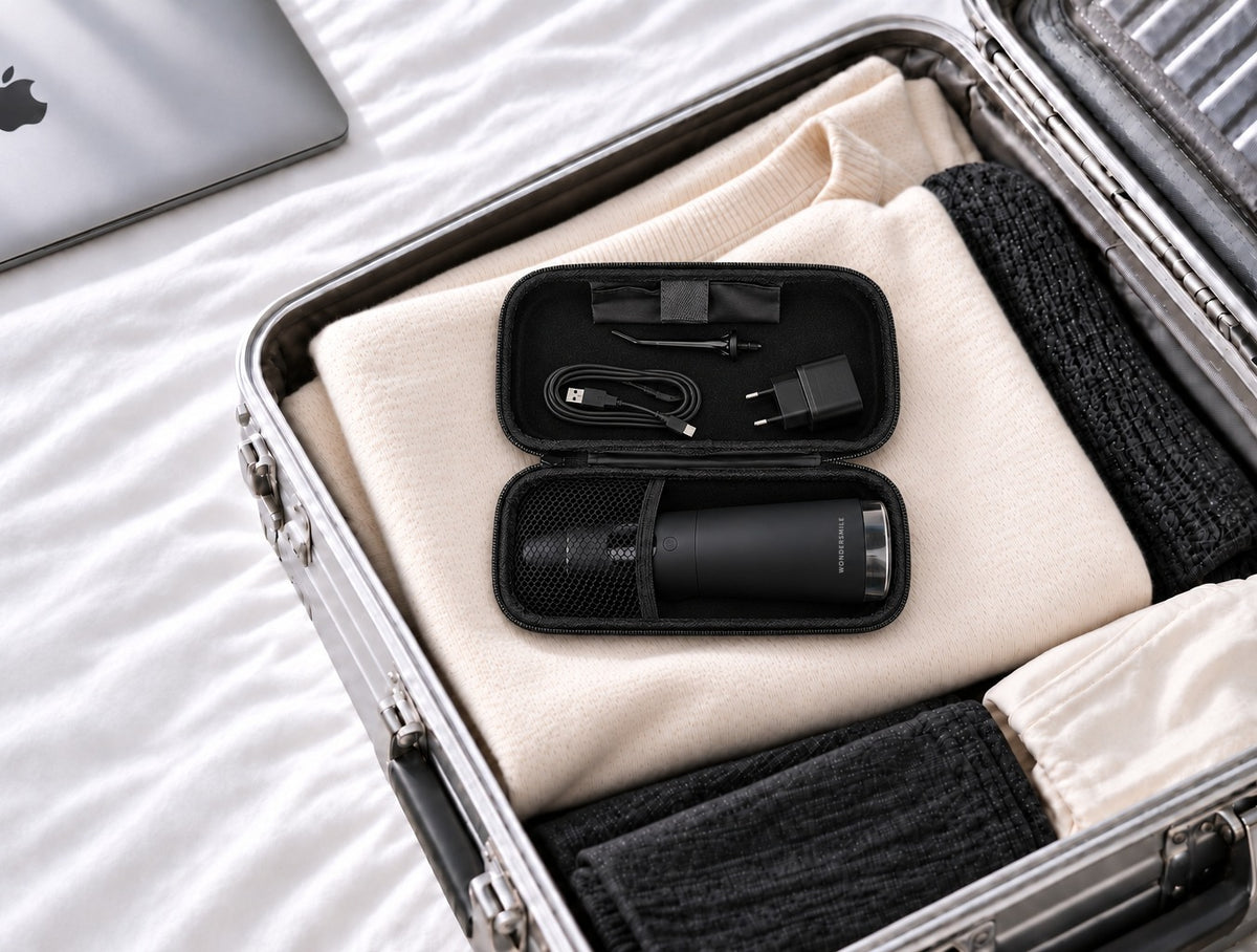 Geöffnetes Reise-Etui mit Waterflow Munddusche, Düse, Ladekabel und Netzteil im gepackten Koffer.